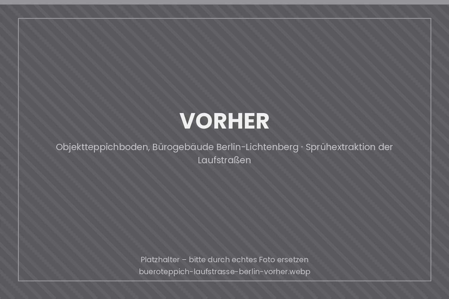 Abgelaufene Laufstraße auf einem Büroteppichboden in Berlin vor der Zwischenreinigung mit dunklen Verschmutzungen